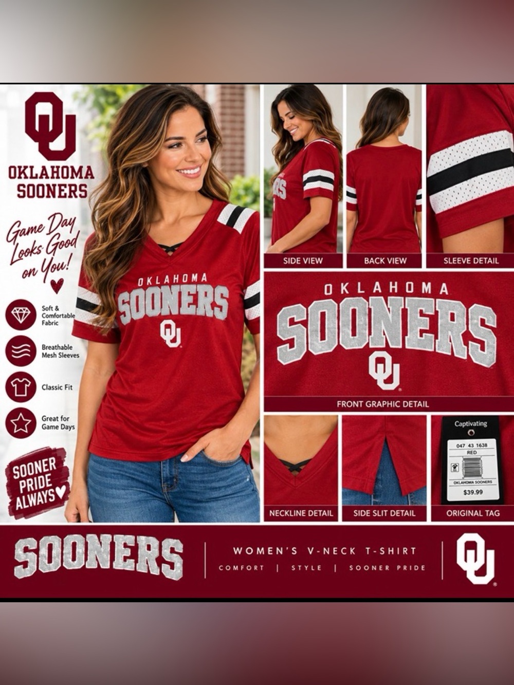 Oklahoma Sooners Women’s Red V-Neck Football Jersey Shirt OU NCAA NWT Large